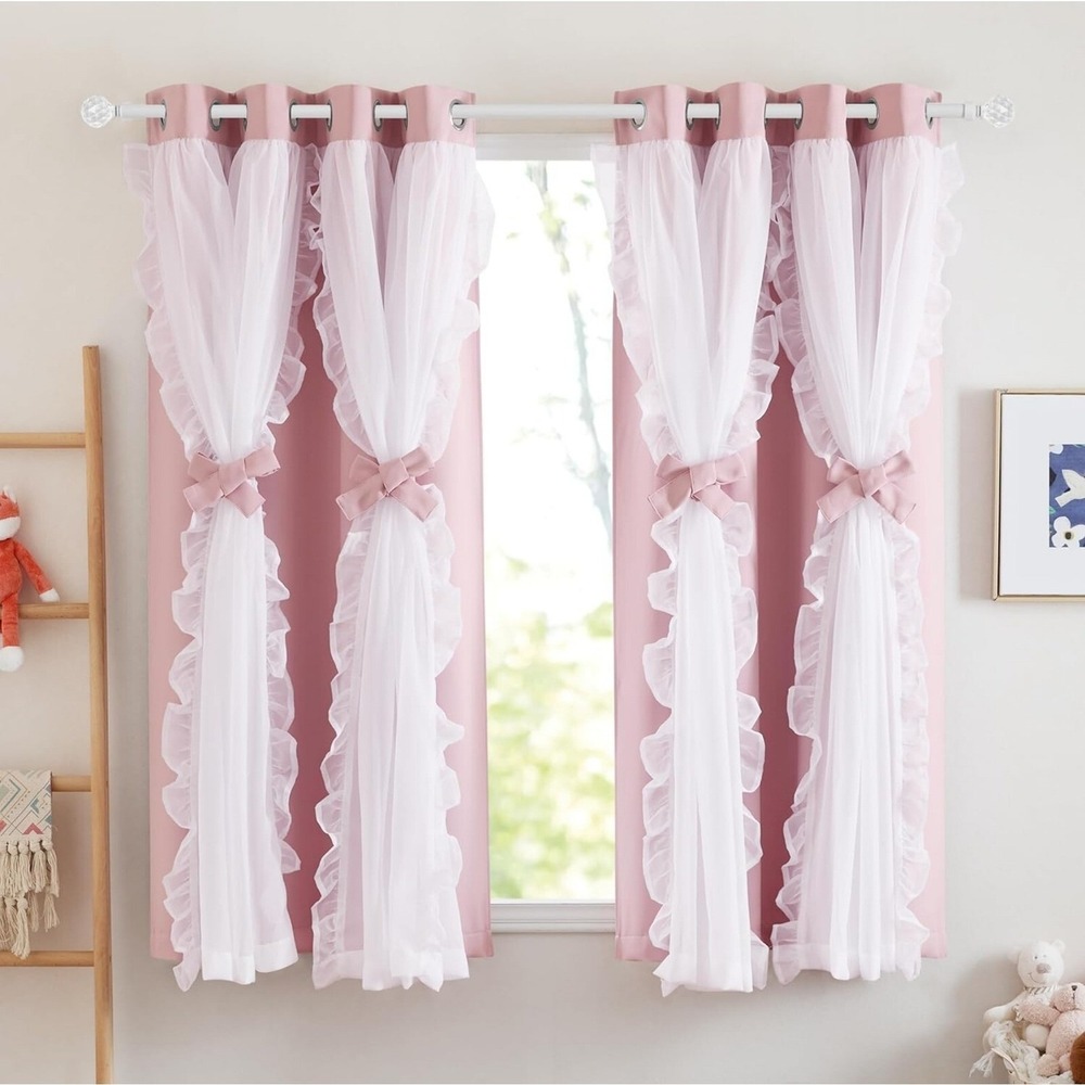 Blush Pink Sheer Curtains with‎ Grommets 52x63 Set of 2 Panels Faux Linen Drapes